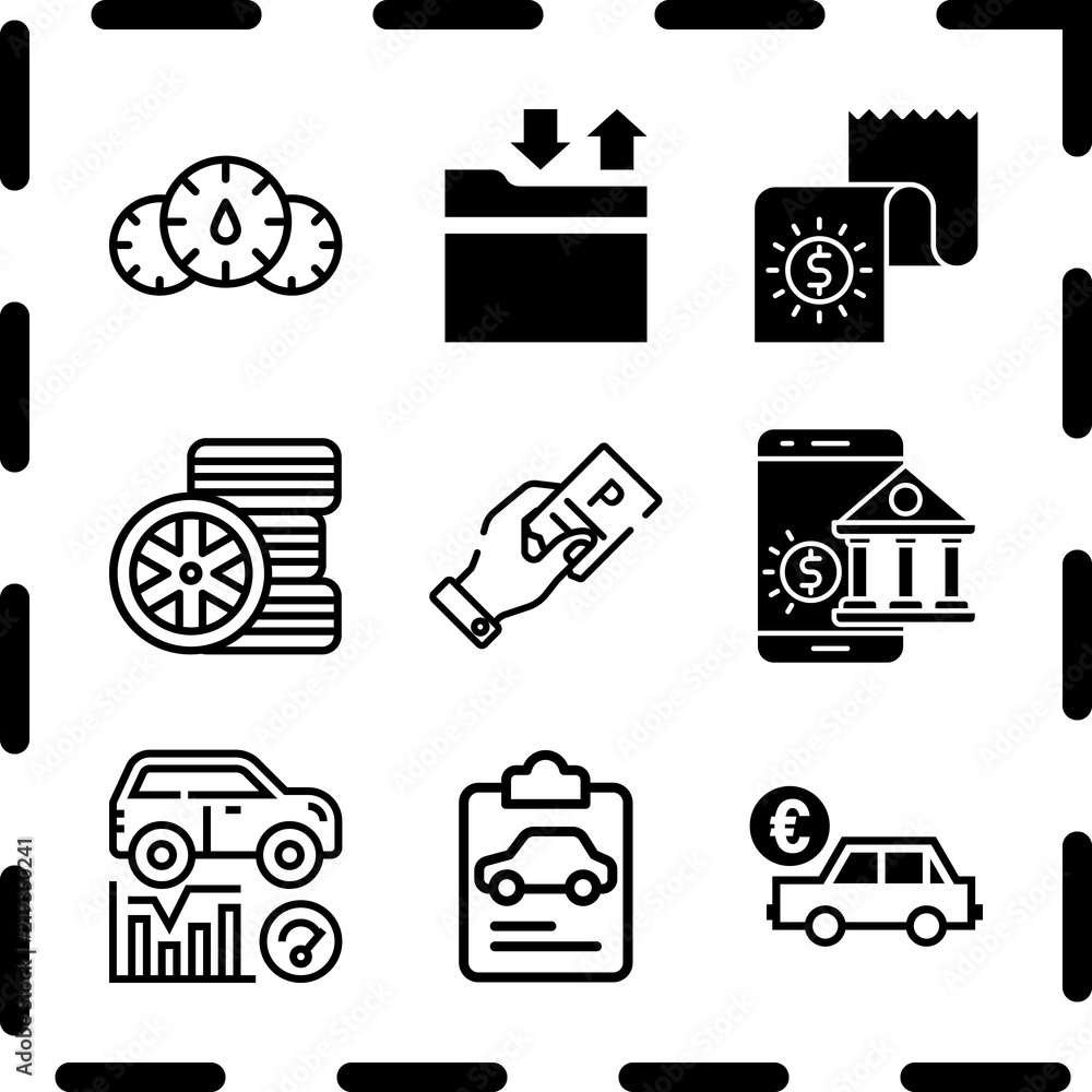 Simple 9 icon set of finance related online banking, parking ticket, files and bill vector icons. Collection Illustration Simple 9 icon set of finance related online banking, parking ticket, files and bill vector icons. Collection Illustration