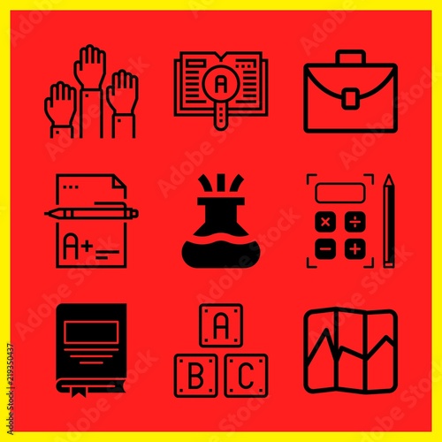 Simple 9 icon set of edication related book, raise hand, map and exam vector icons. Collection Illustration
