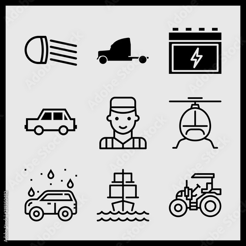 Simple 9 icon set of car related car battery, headlight, sailing ship and rectangular car vector icons. Collection Illustration