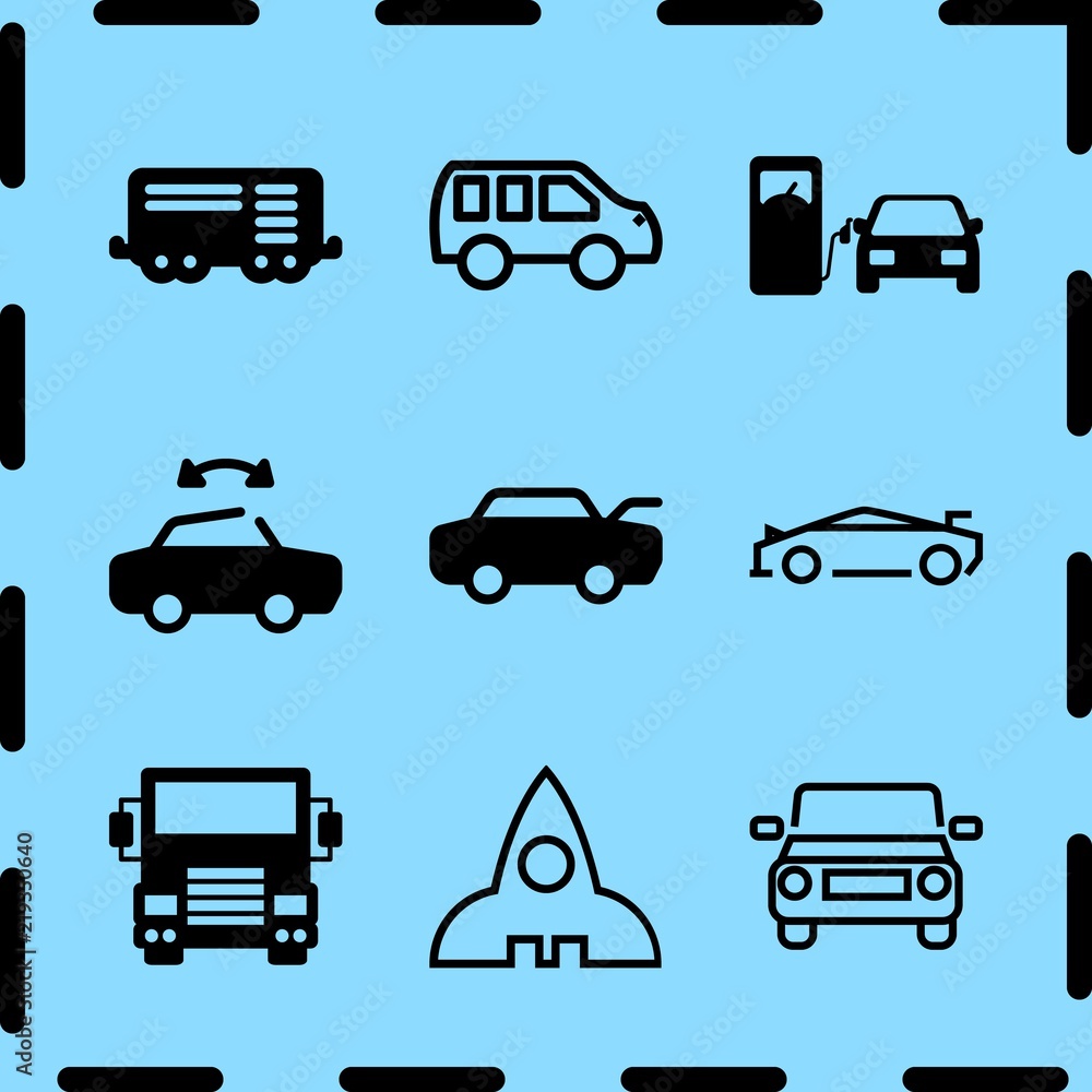 Simple 9 icon set of travel related car, car at gas station, car and train wagon vector icons. Collection Illustration