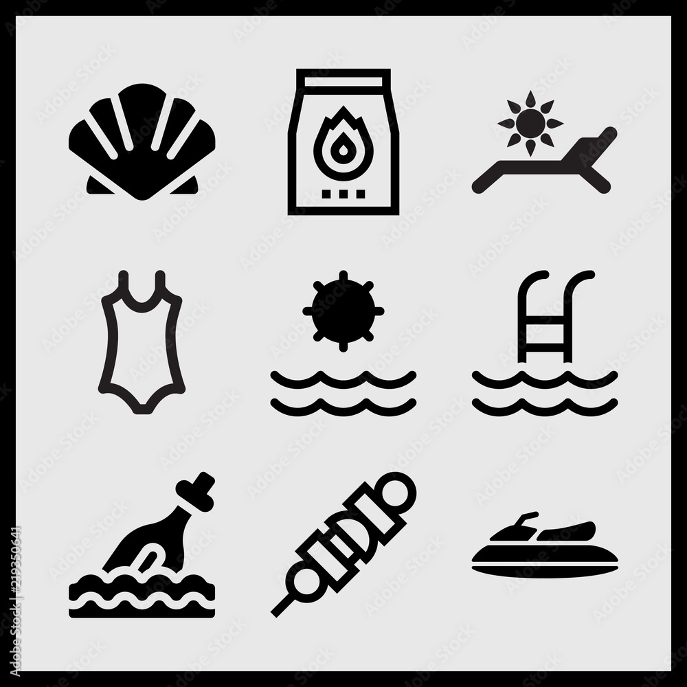 Fototapeta premium Simple 9 set of Summer related brochette, scallop, chain and sun and swimming pool vector icons