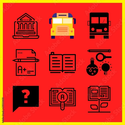 Simple 9 icon set of edication related school bus, open book, online education and open book vector icons. Collection Illustration