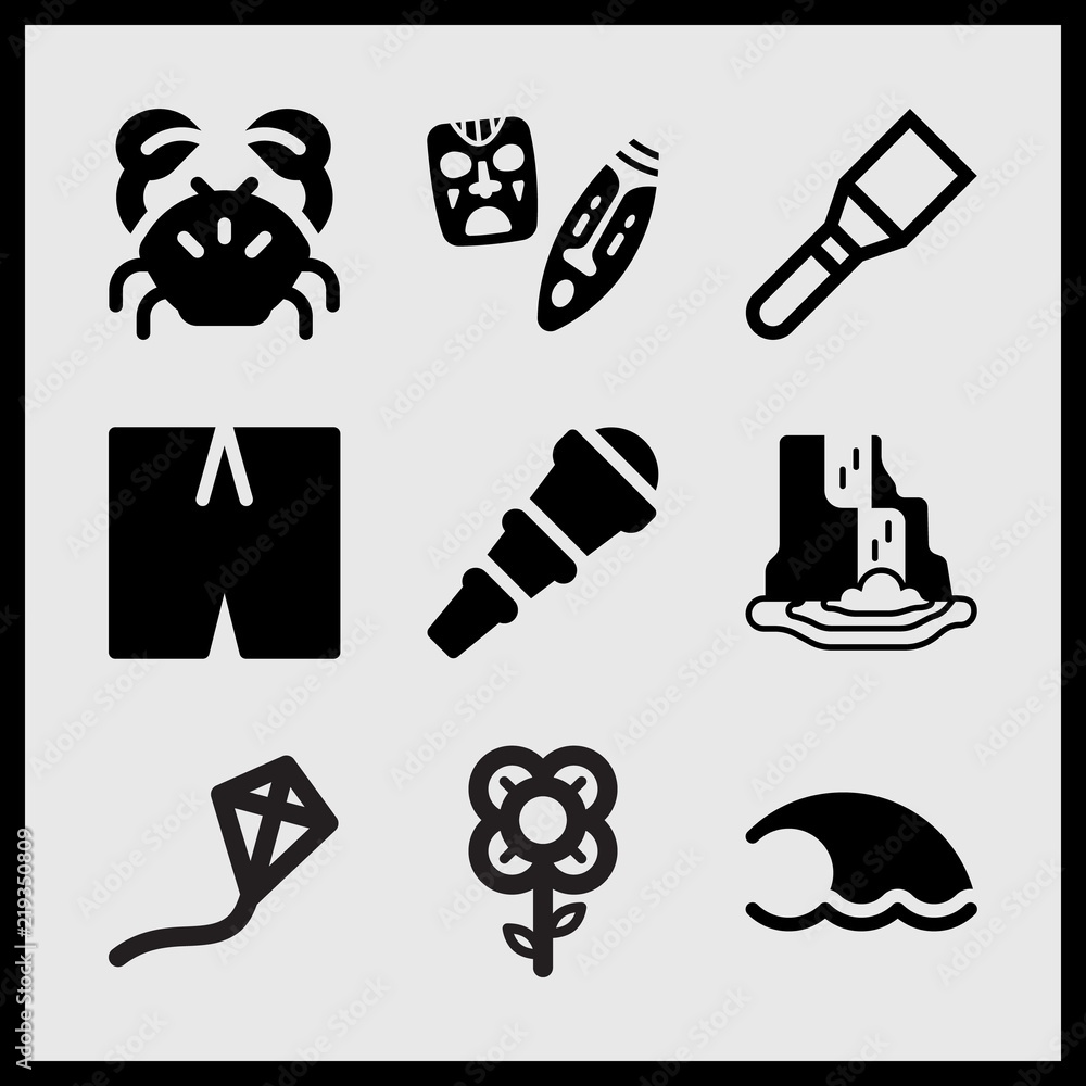 Fototapeta premium Simple 9 set of Summer related mask, crab, spatula and in bloom vector icons