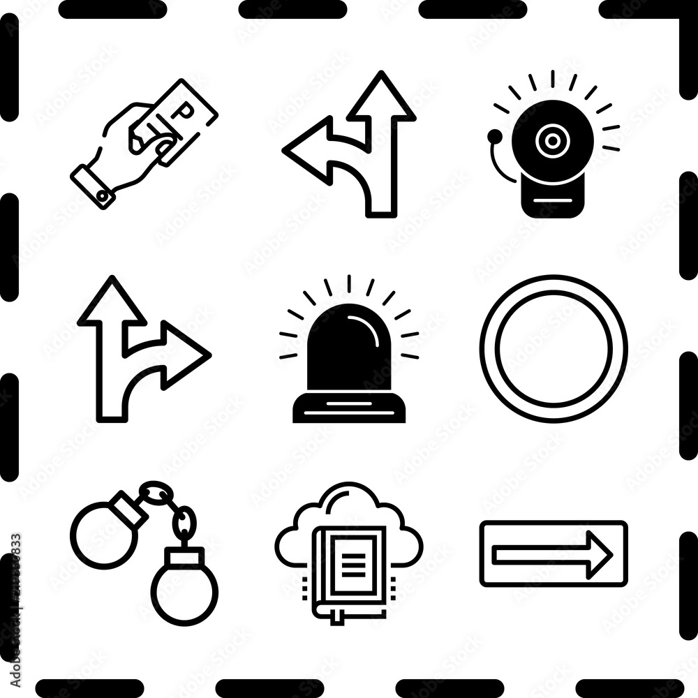 Simple 9 icon set of law related alarm bell, traffic sign, detour and parking ticket vector icons. Collection Illustration Simple 9 icon set of law related alarm bell, traffic sign, detour and parking ticket vector icons. Collection Illustration