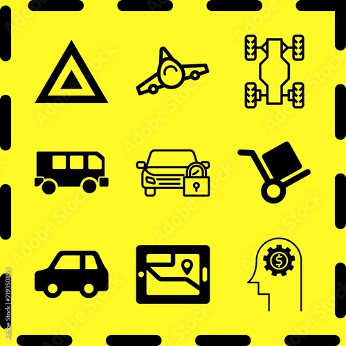 Simple 9 icon set of business related parking, airplane, small car and bus vehicle side view vector icons. Collection Illustration