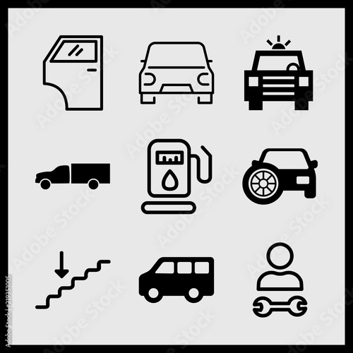 Fototapeta Naklejka Na Ścianę i Meble -  Simple 9 icon set of car related deliver truck silhouette, stairs, minibus and police car with lights vector icons. Collection Illustration