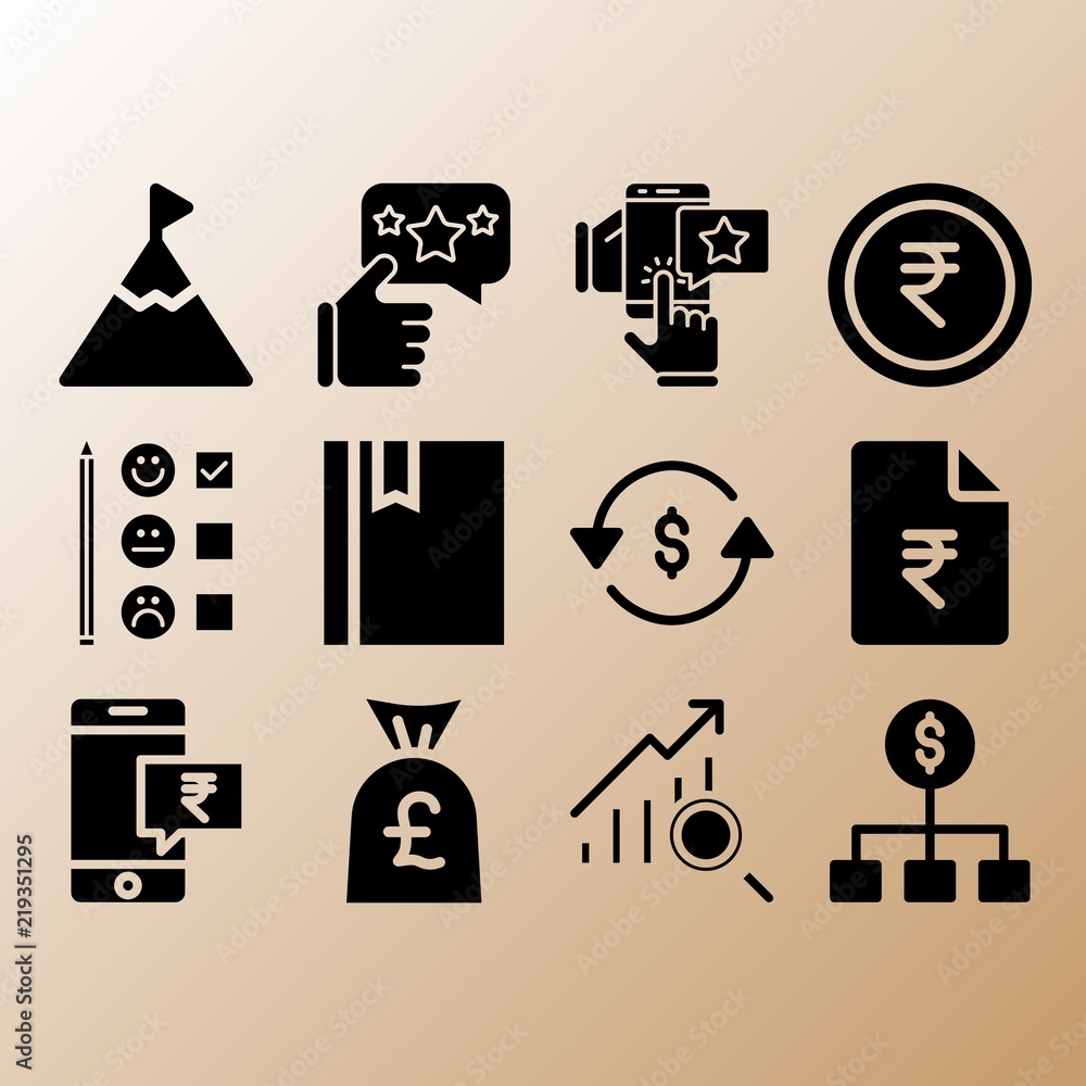 Rating, money bag and smartphone related premium icon set