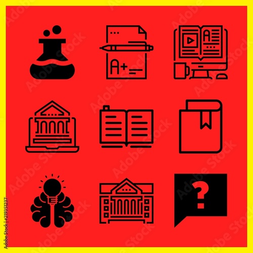 Simple 9 icon set of edication related flask, open book, exam and elearning vector icons. Collection Illustration
