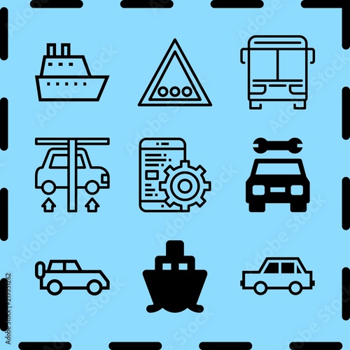 Simple 9 icon set of travel related traffic sign, car, car and bus vector icons. Collection Illustration