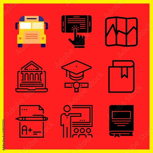 Simple 9 icon set of edication related online education, book, exam and map vector icons. Collection Illustration