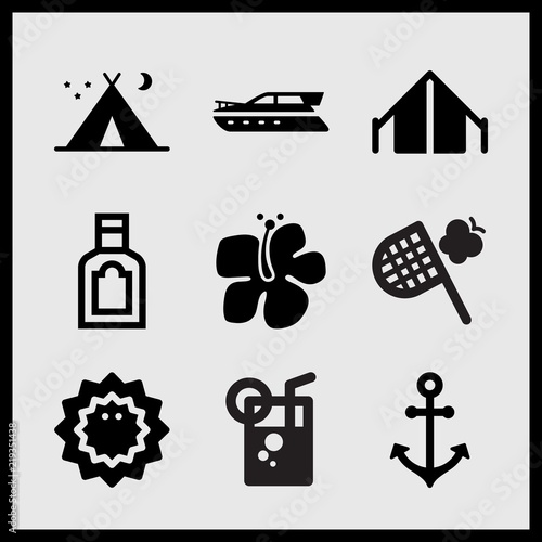 Simple 9 set of Summer related tent, fresh drink, boat anchor and butterfly hunter vector icons