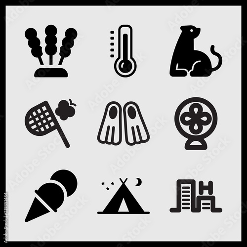 Simple 9 set of Summer related ice cream, leopard, tent night and high temperature vector icons