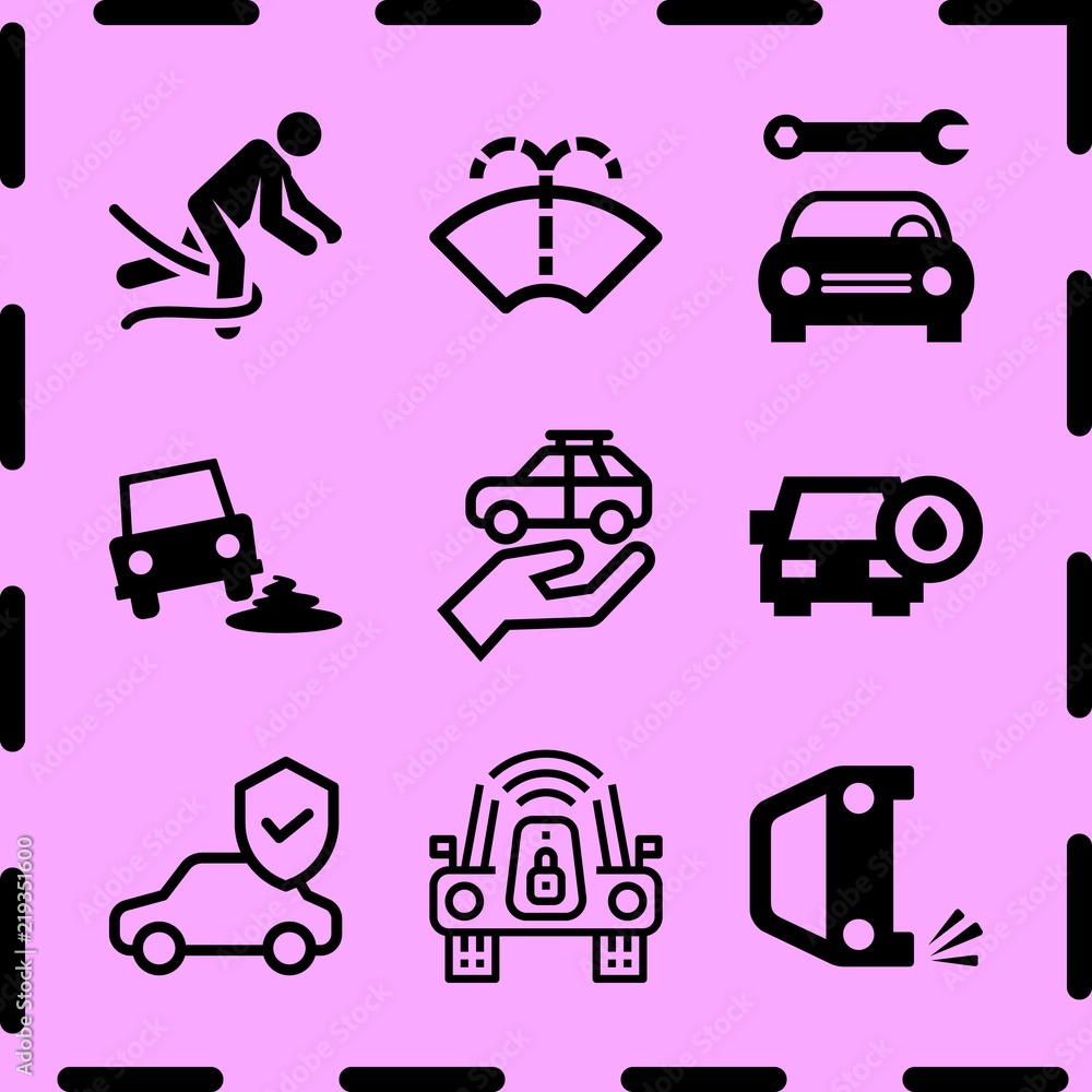 Simple 9 icon set of car related car repair, car with wrench, windshield washer and accident vector icons. Collection Illustration Simple 9 icon set of car related car repair, car with wrench, windshield washer and accident vector icons. Collection Illustration
