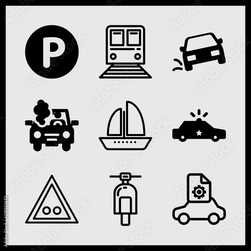 Simple 9 icon set of car related car breakdown, train, car and car accident vector icons. Collection Illustration