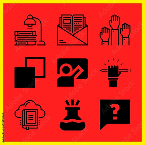Simple 9 icon set of edication related faq, studying, blackboard and library vector icons. Collection Illustration