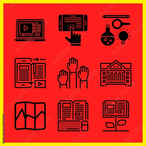 Simple 9 icon set of edication related map, raise hand, ebook and science vector icons. Collection Illustration