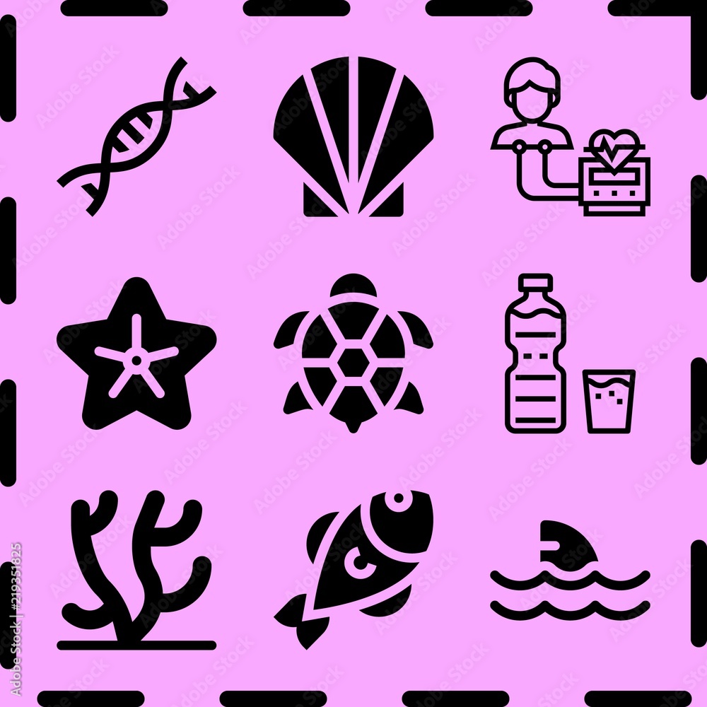 Fototapeta premium Simple 9 icon set of life related seashell, fish, shark and coral vector icons. Collection Illustration