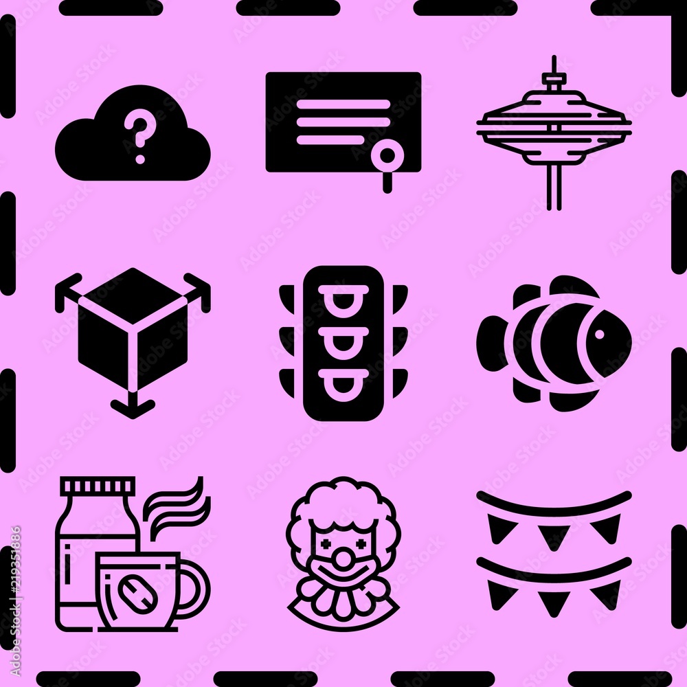 Simple 9 icon set of art related garlands, cymbals, clown fish and coffee vector icons. Collection Illustration Simple 9 icon set of art related garlands, cymbals, clown fish and coffee vector icons. Collection Illustration