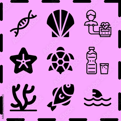 Simple 9 icon set of life related seashell  fish  shark and coral vector icons. Collection Illustration