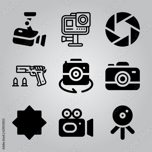 Simple 9 icon set of camera related shooting, action camera, web cam and camera vector icons. Collection Illustration