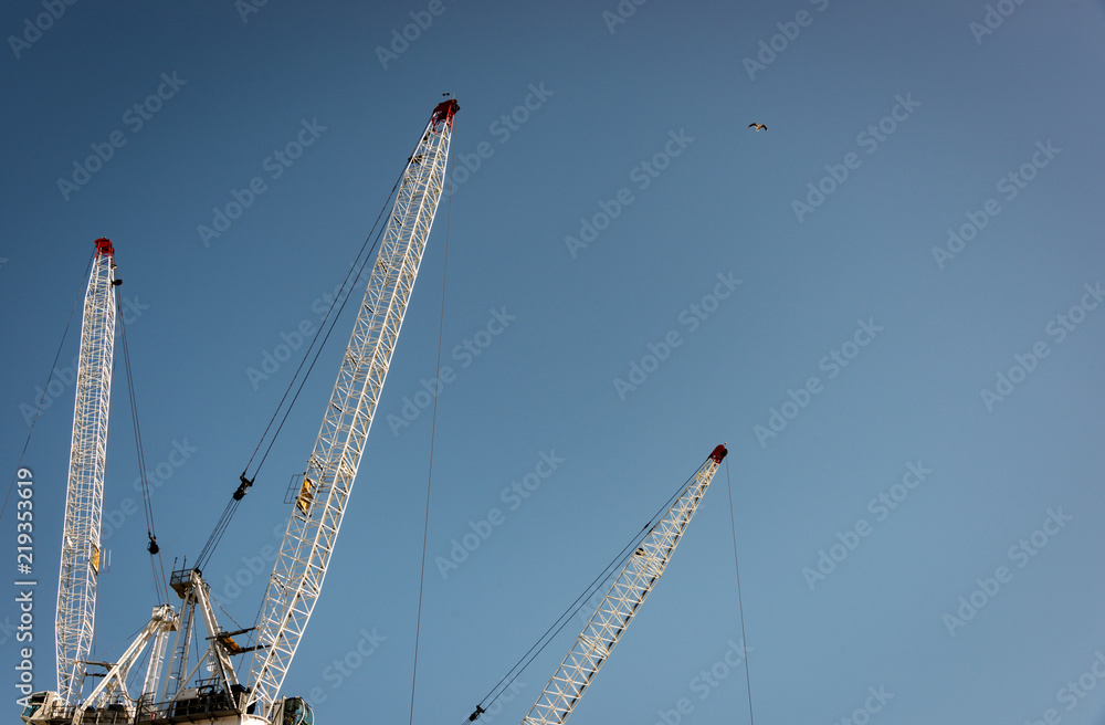 Three white construction cranes against a blue sky