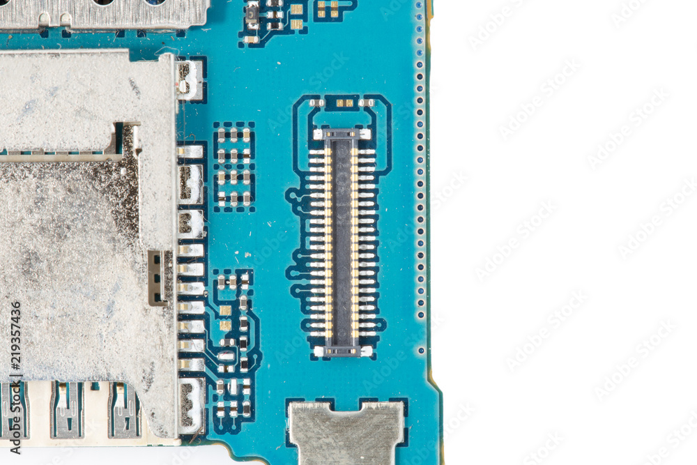 Dismantling a smartphone with an electrical panel inside, isolated on a white background