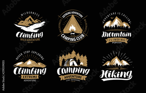 Climbing, camping logo or emblem. Hiking label set. Vintage vector