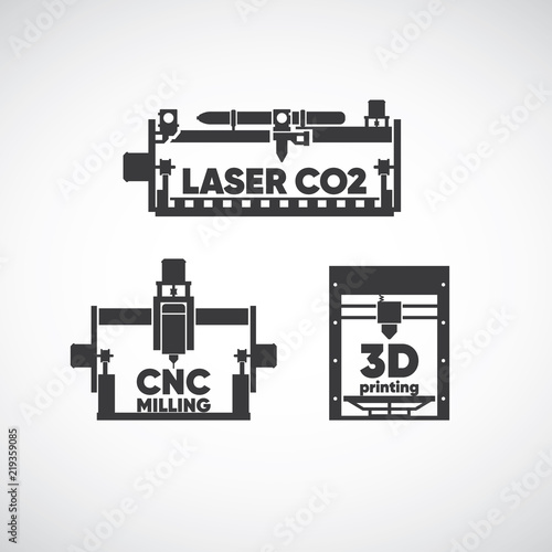 laser co2, laser cutting, cnc milling, cnc machine, 3d printing, 3d machine icon