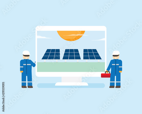 solar cell energy graphic in screen monitor and service technician