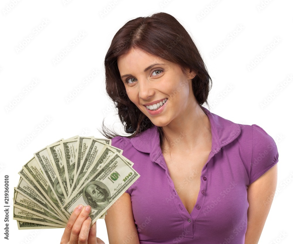 Smiling Young Woman Holding a Dollar Bills - Isolated Smiling Young Woman Holding a Dollar Bills - Isolated