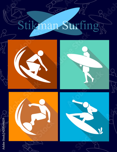 Stikman surfing vector icon-sign-symbol a variety of surfing styles flat vector isolated on orange-green-yellow-blue color can be changed to various sizes-01