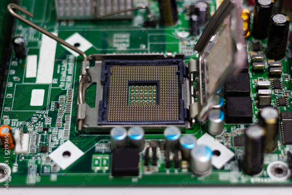Fototapeta premium Close up Cpu sockets on motherboard, concept computer and technology.