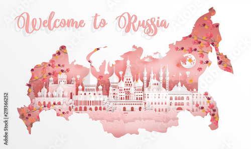 Autumn in Russia with falling leaves , map concept with Russian famous landmarks in paper cut style vector illustration. Travel poster, postcard and advertising design.