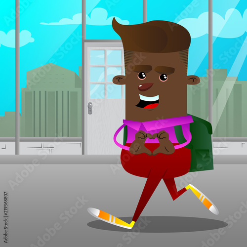 Schoolboy with heart shape hand gesture. Vector cartoon character illustration.