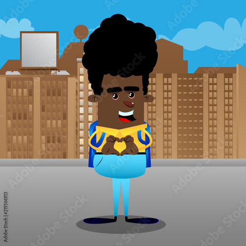 Schoolboy with heart shape hand gesture. Vector cartoon character illustration.