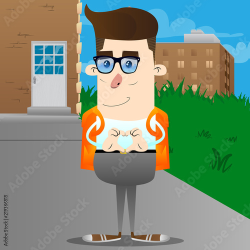 Schoolboy with heart shape hand gesture. Vector cartoon character illustration.