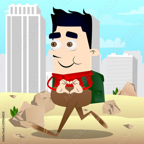 Schoolboy with heart shape hand gesture. Vector cartoon character illustration.