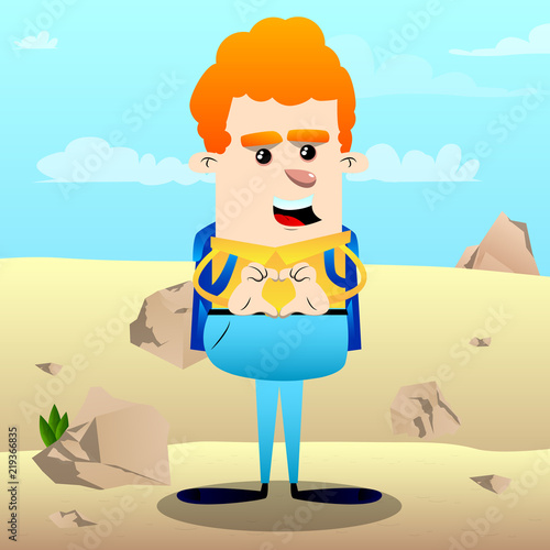 Schoolboy with heart shape hand gesture. Vector cartoon character illustration.