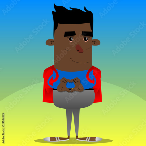 Schoolboy with heart shape hand gesture. Vector cartoon character illustration.