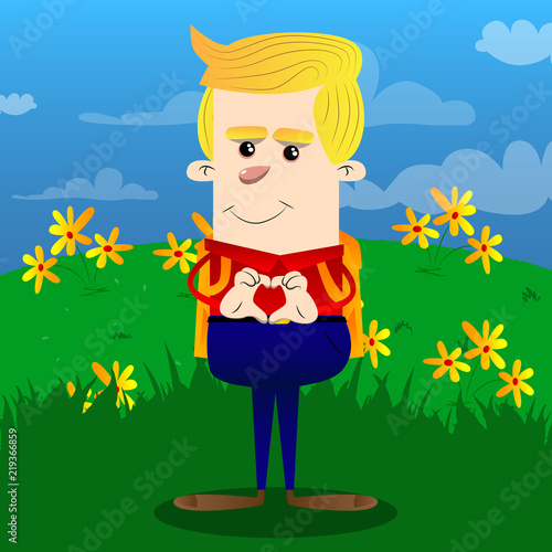 Schoolboy with heart shape hand gesture. Vector cartoon character illustration.