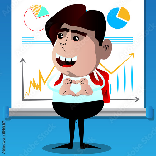 Schoolboy with heart shape hand gesture. Vector cartoon character illustration.