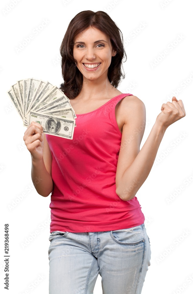 Pretty young business woman holding money isolated on white Pretty young business woman holding money isolated on white