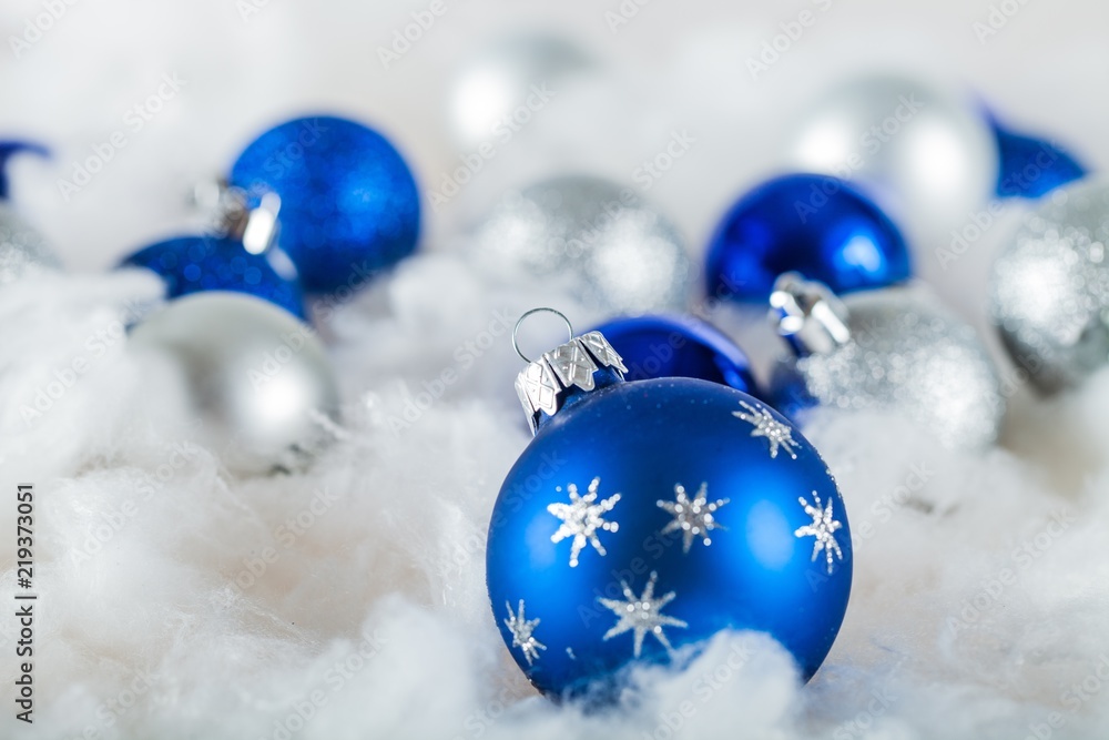 Blue and White Christmas Baubles on the Wadding Blue and White Christmas Baubles on the Wadding