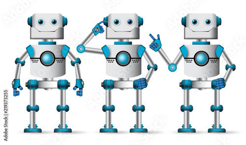 Robot characters vector set. Robotic mascot in white standing with different hand gestures for technology design element. Vector illustration.
