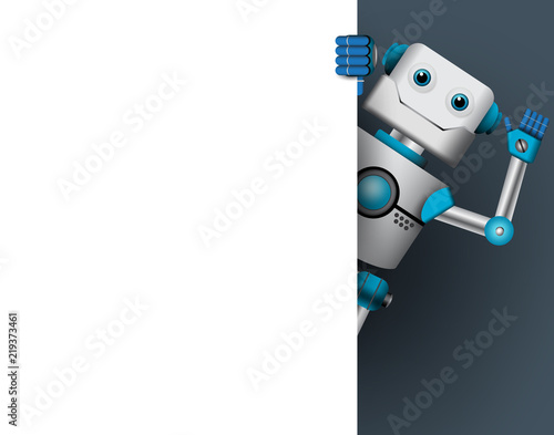 Robot character vector illustration. Robotic mascot holding empty white board for text while waiving hand.
