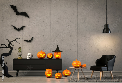 3D render of Halloween party in living room and pumpkins , jack-o-lantern