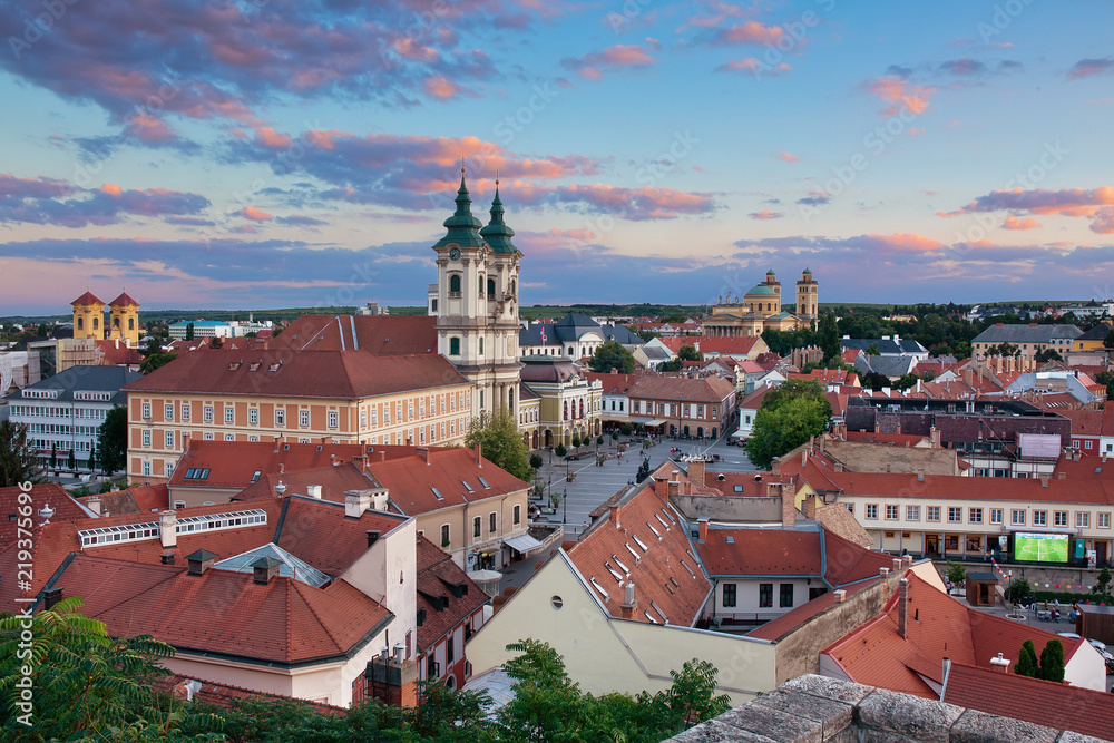 Panoramic view to the old town of Eger, Hungury after sunset