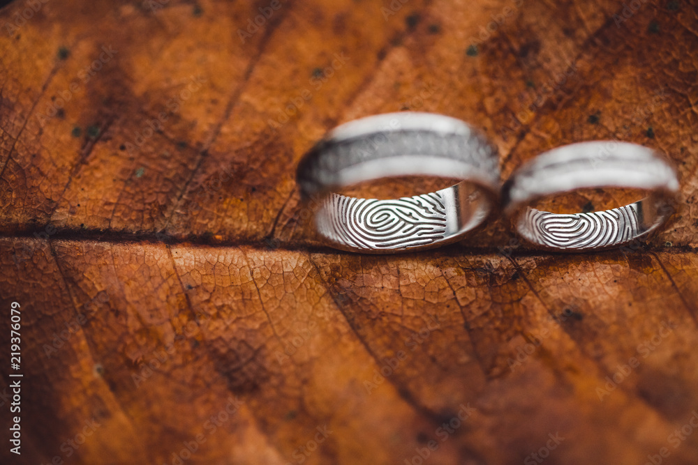 Wedding rings with fingerprints close-up on wet brown autumn leaf skeleton texture