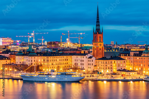 Sunset view onto Stockholm old town Gamla Stan and Riddarholmen church in Sweden