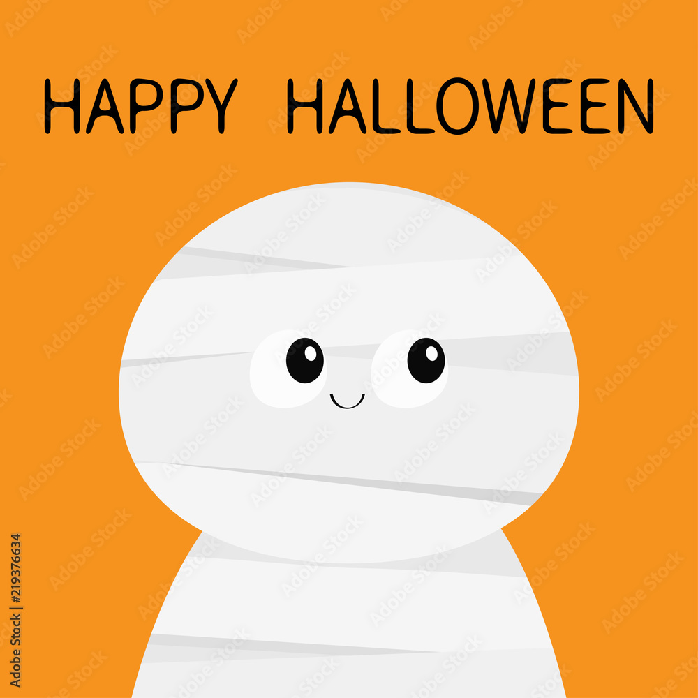 Mummy monster. Happy Halloween. Cute cartoon funny spooky baby character.  Mum head face. Greeting card. Flat design. Orange background. Isolated.  Stock Vector | Adobe Stock